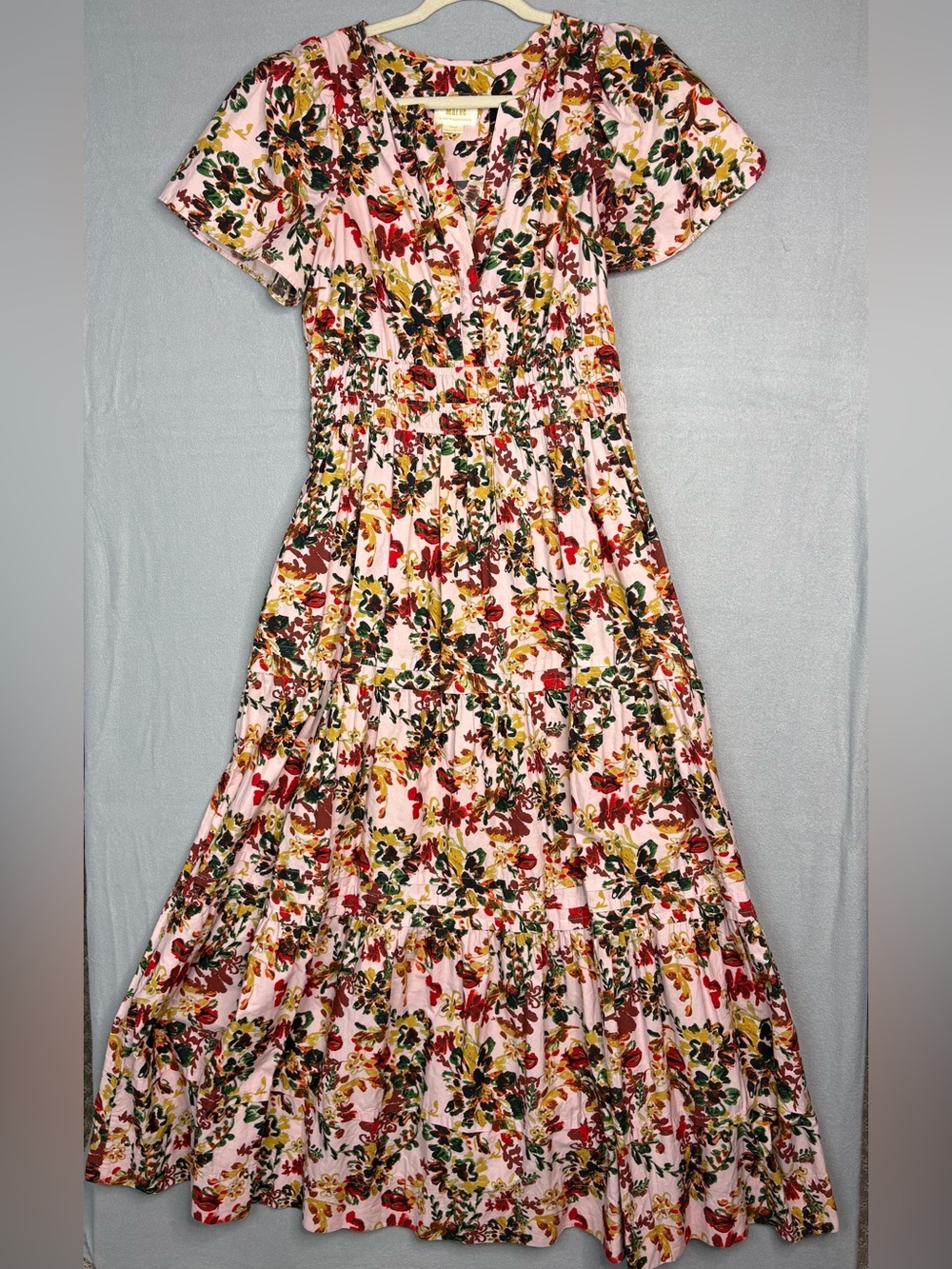 Anthropologie Maeve Floral Tiered Maxi Dress Medium Pink Multicolor